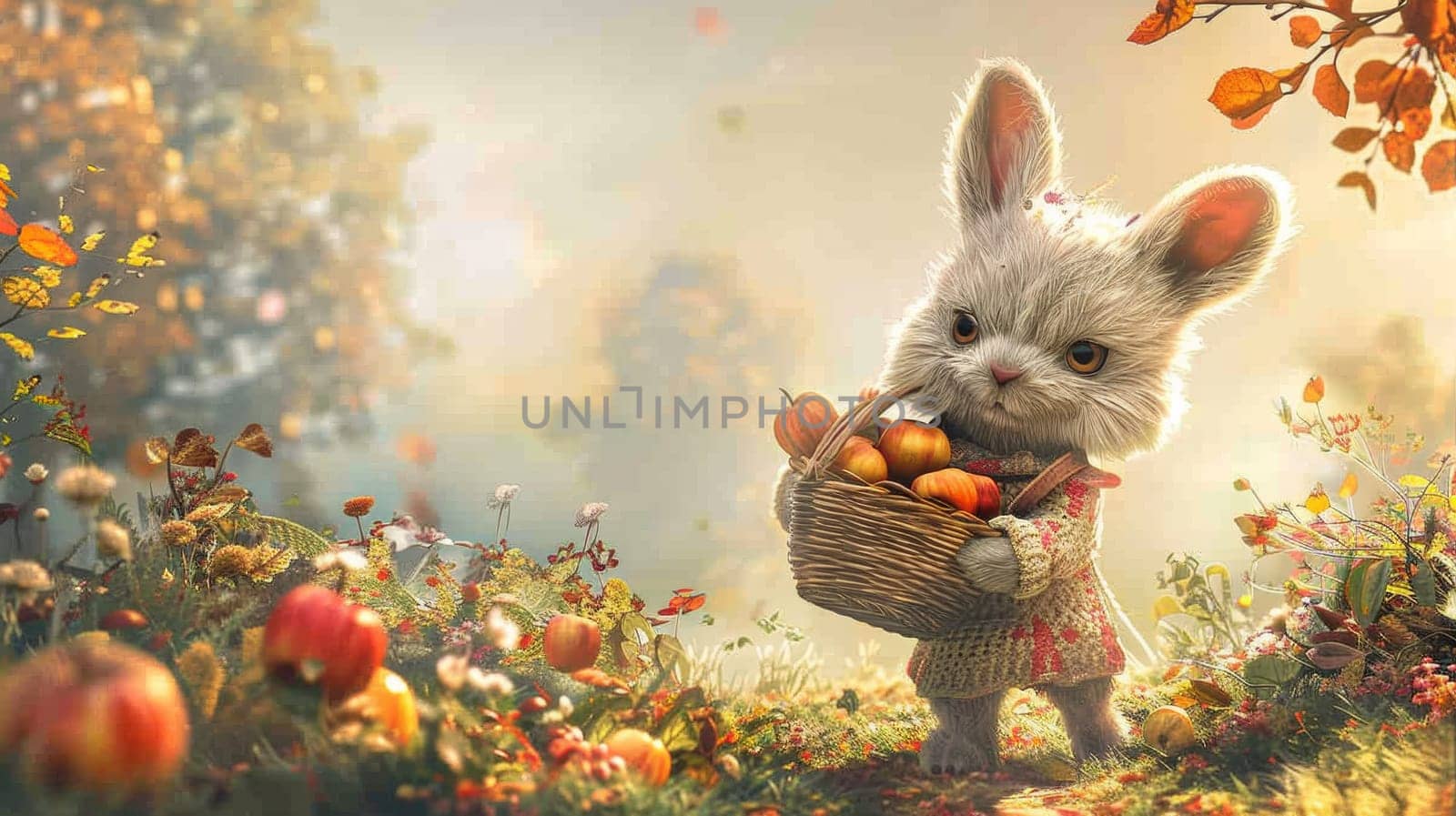 A cute bunny holding a basket of apples in the fall