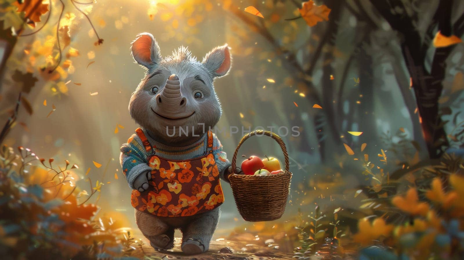 A cartoon animal walking through a forest with an apple basket