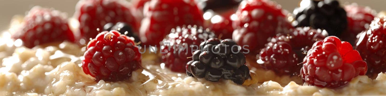 A close up of a plate with berries and oatmeal on it, AI by starush