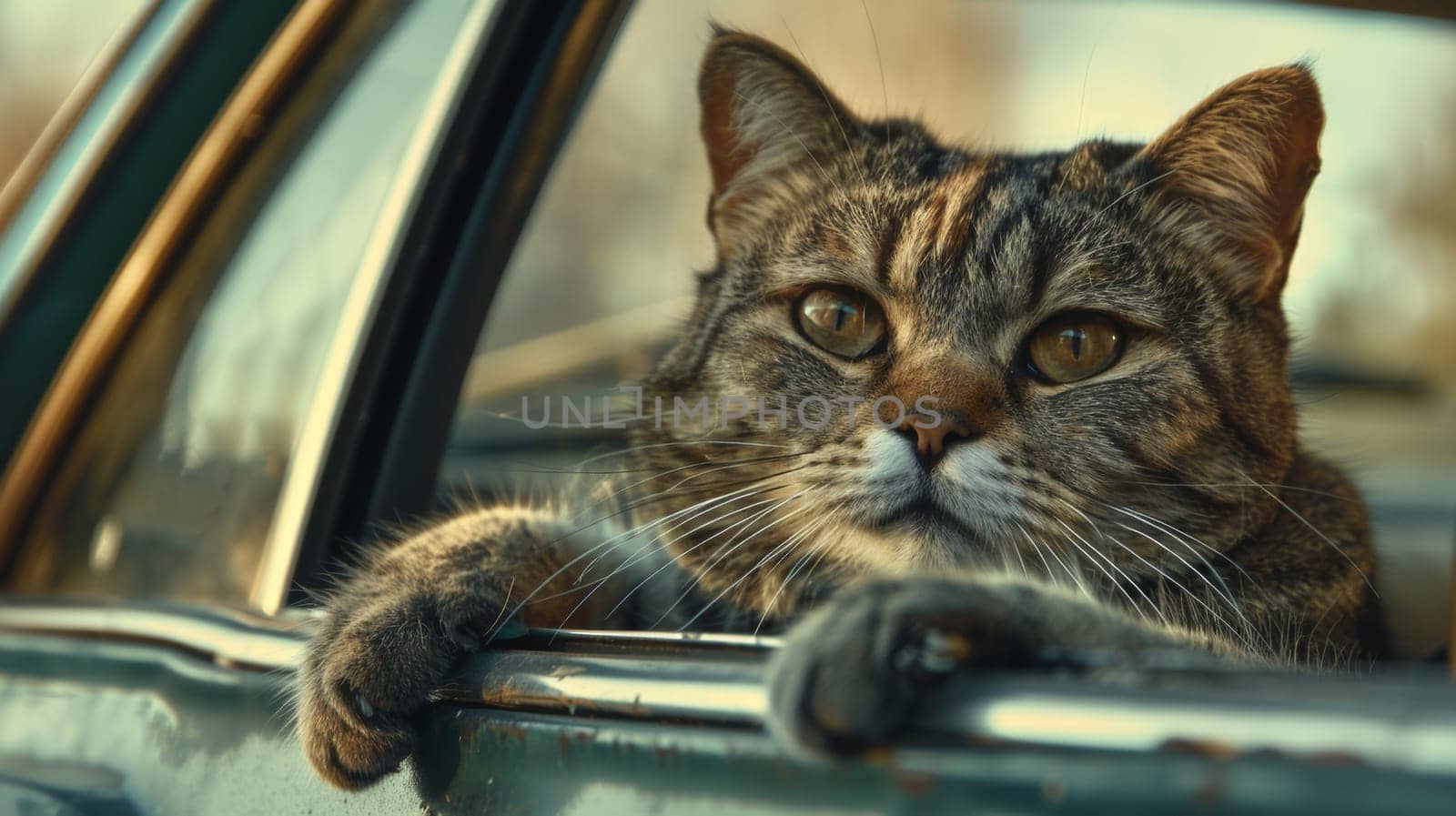 A cat sitting in a car window with its paws on the door