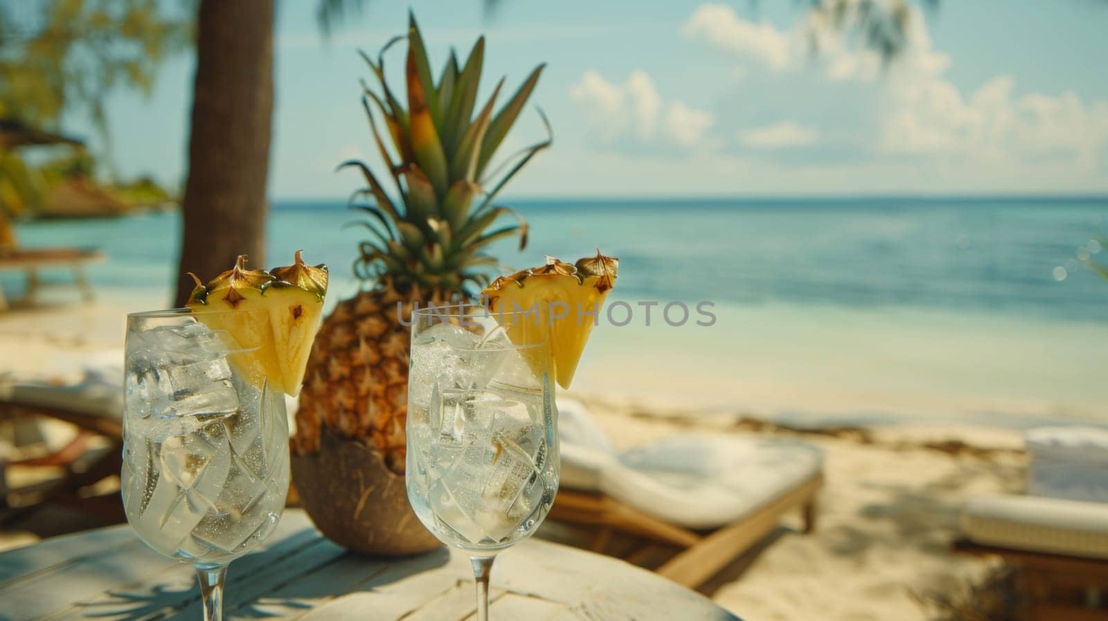 Two glasses of wine on a table with pineapples and water