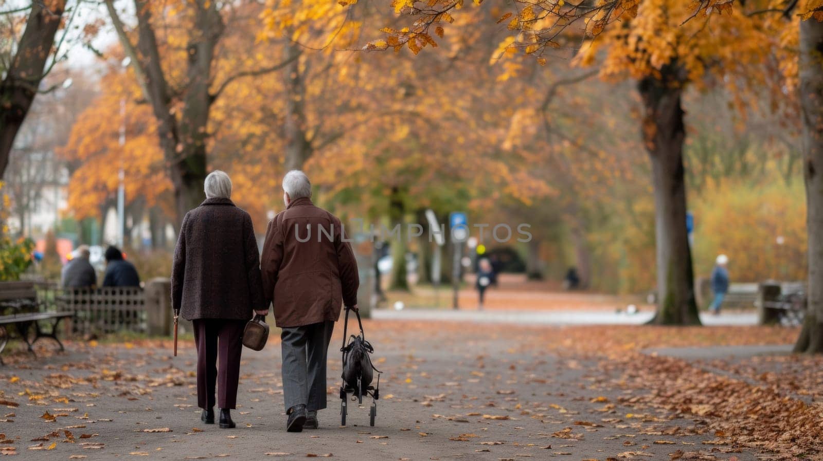 Two people walking down a path with trees and leaves