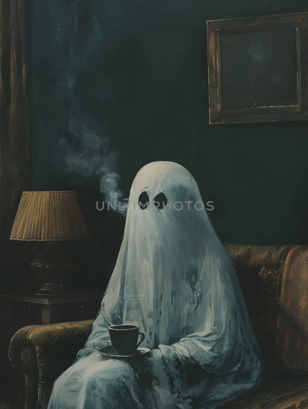 A ghost, a fictional character, is sitting on a wooden couch in darkness, holding a cup of coffee. This scene could be depicted in visual arts like painting or sculpture