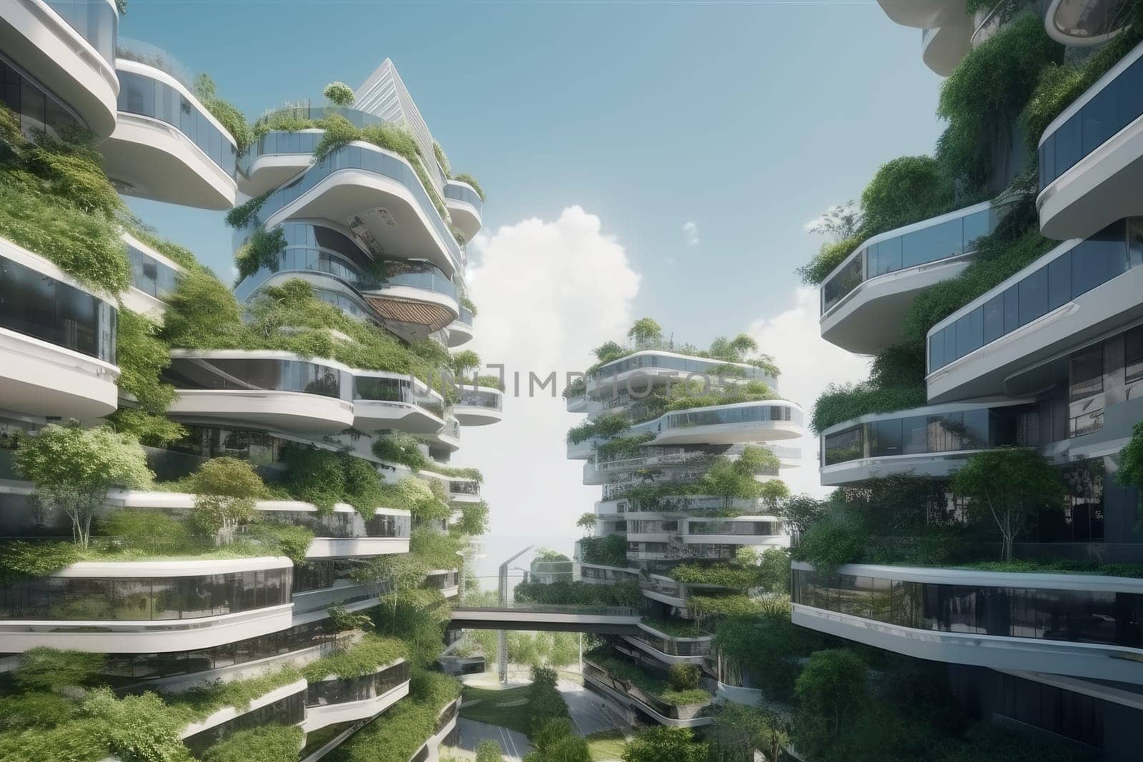 Futuristic city green terrace. Modern garden. Generate Ai