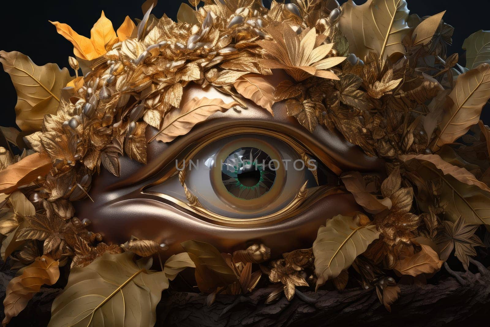 Eye covered with leaves. Fashion color. Generate Ai