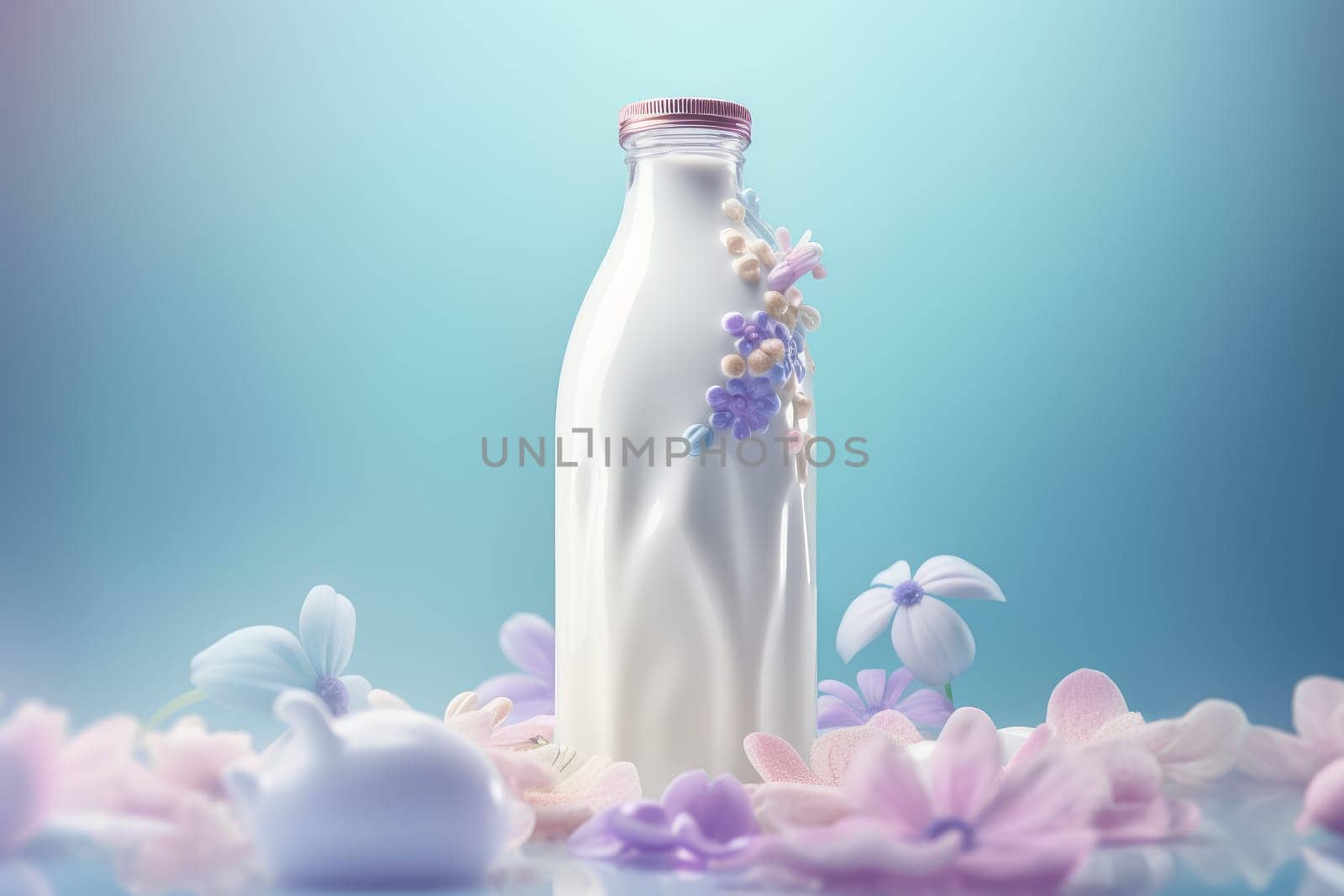 Milk in bottle flower. Glass drink dairy. Generate Ai