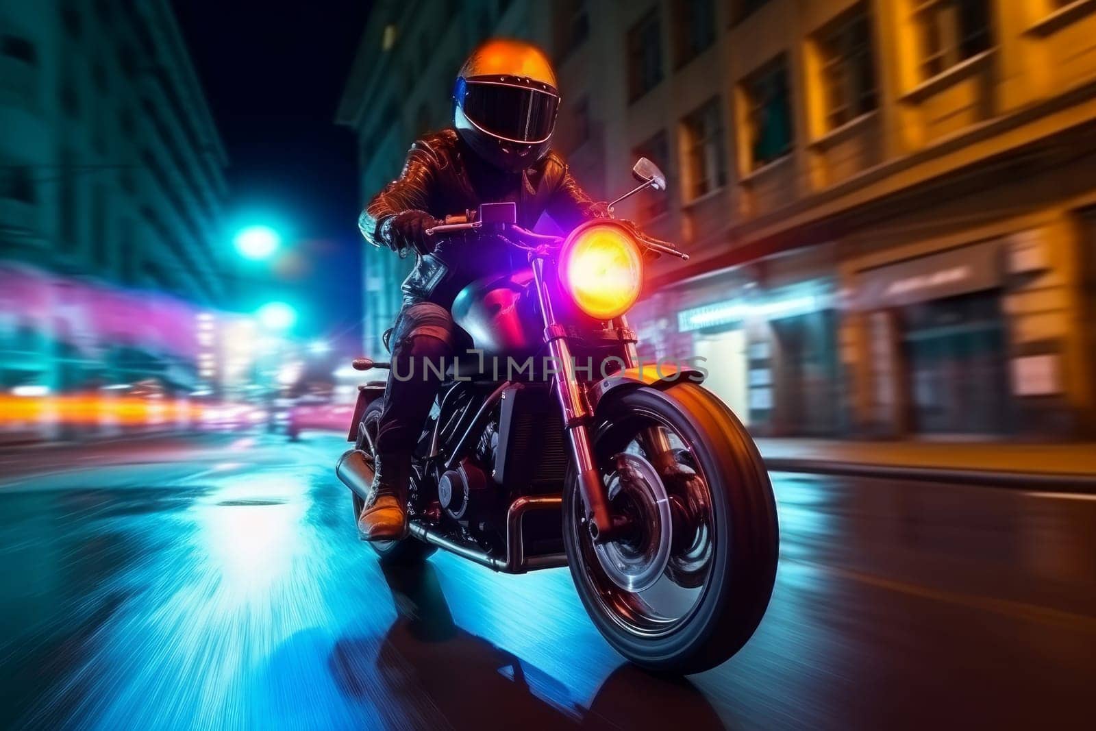 Biker rides in night city. Generate Ai by ylivdesign