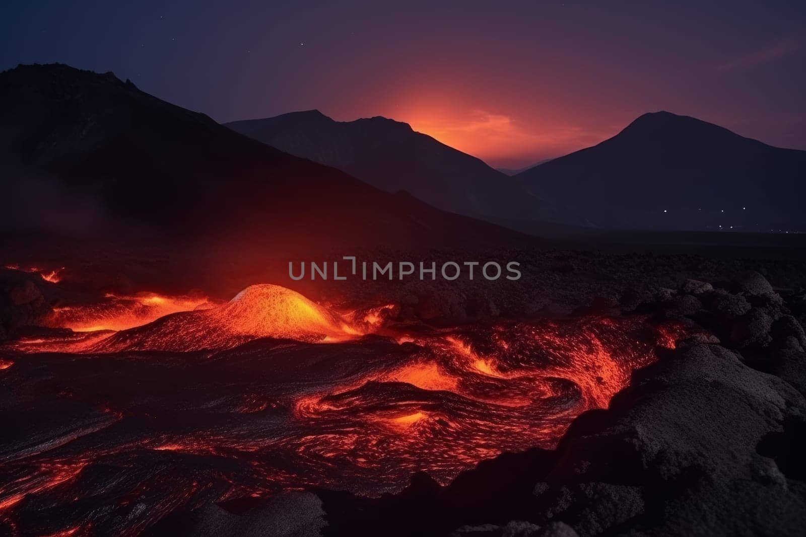 Volcano landscape. Explosion night smoke. Generate Ai