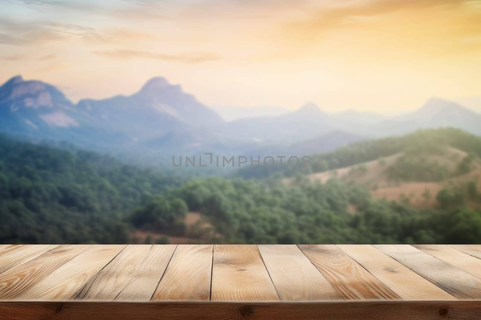 Wooden table background. Sky desk forest. Generate Ai