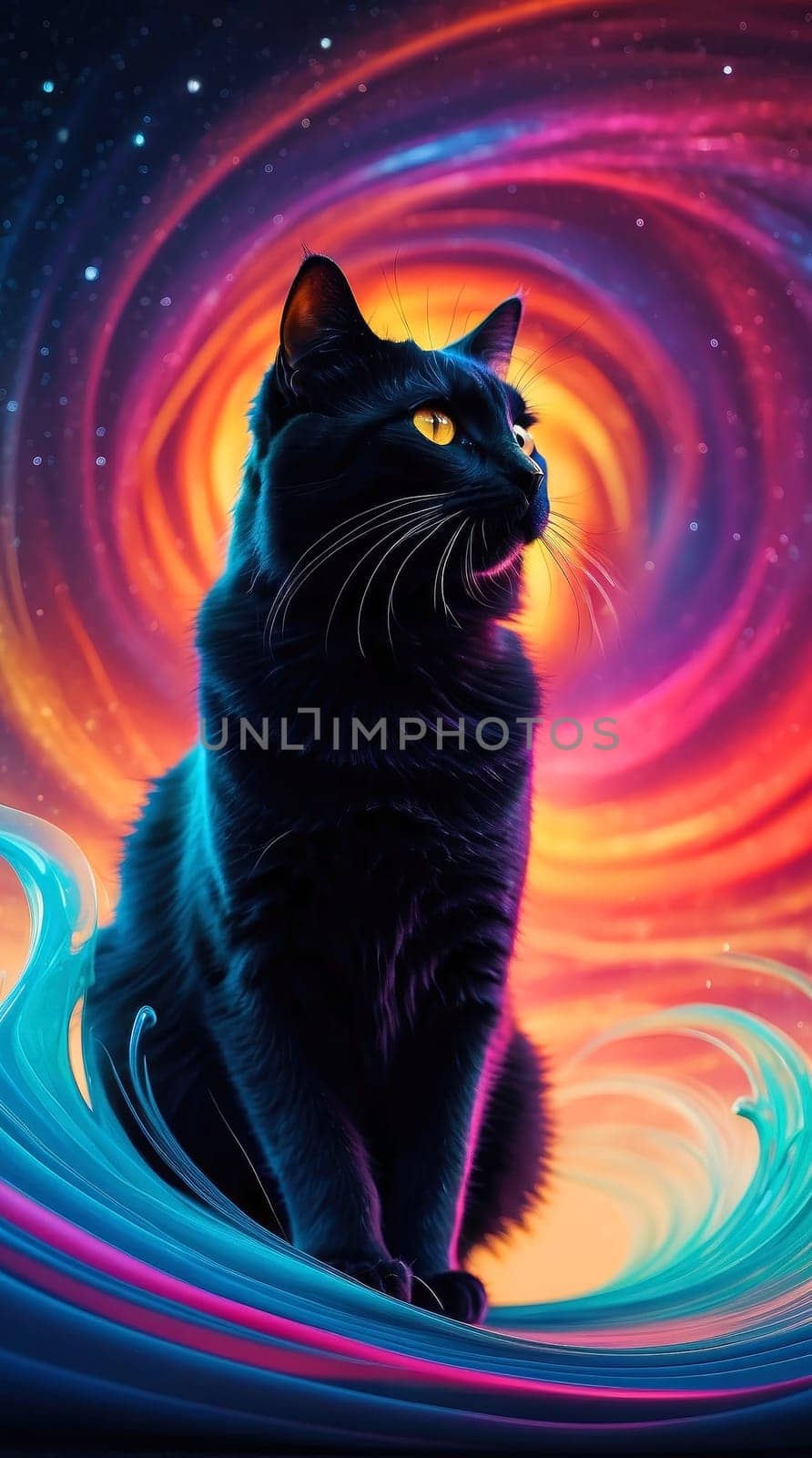 Black cat in neon rays. AI generated