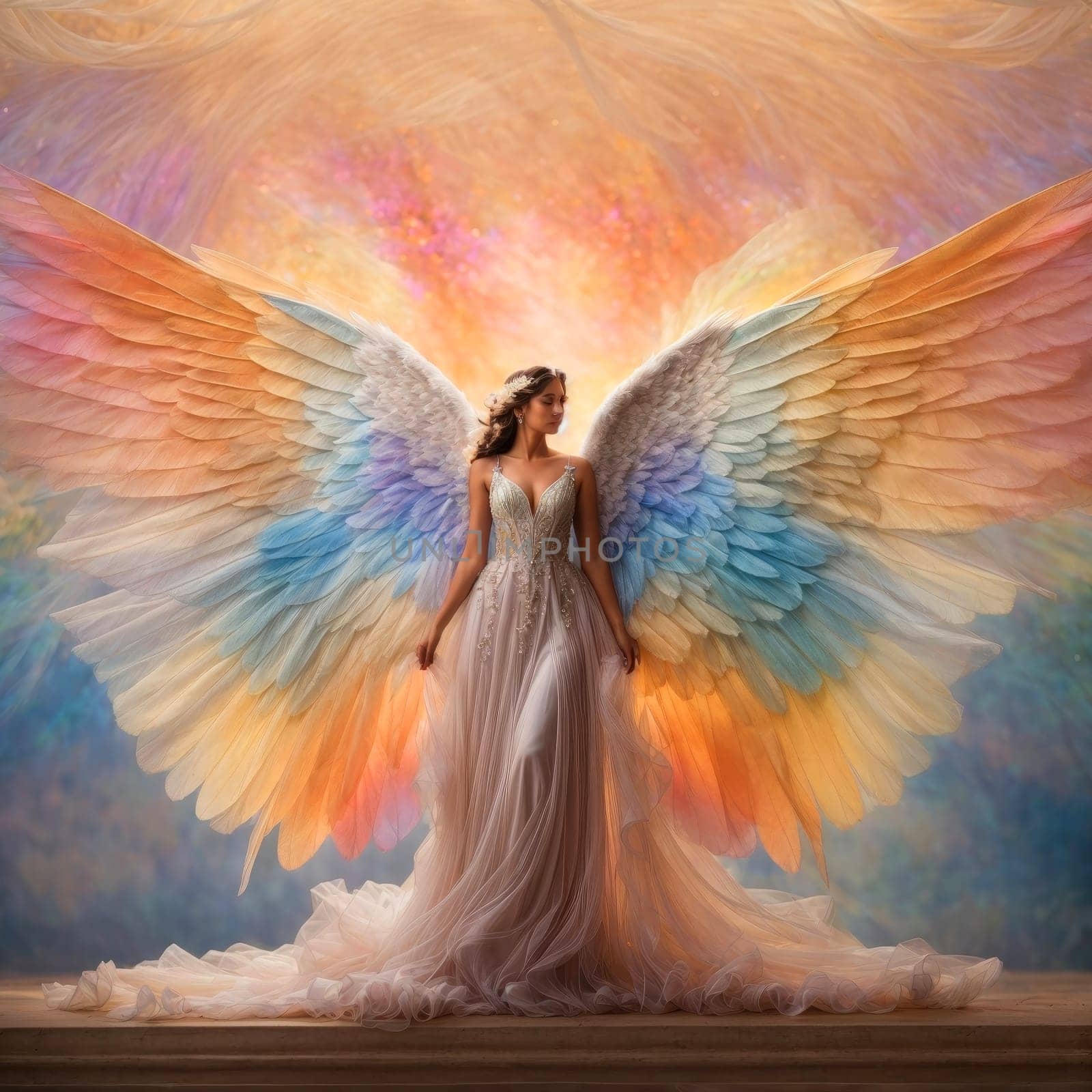 Angel girl in a white dress. AI generated