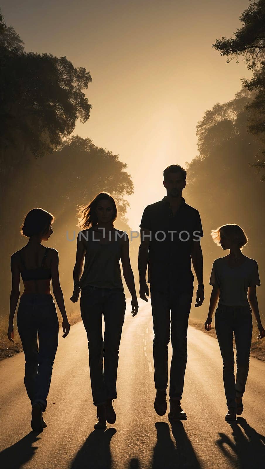People walking along the road at dawn by applesstock