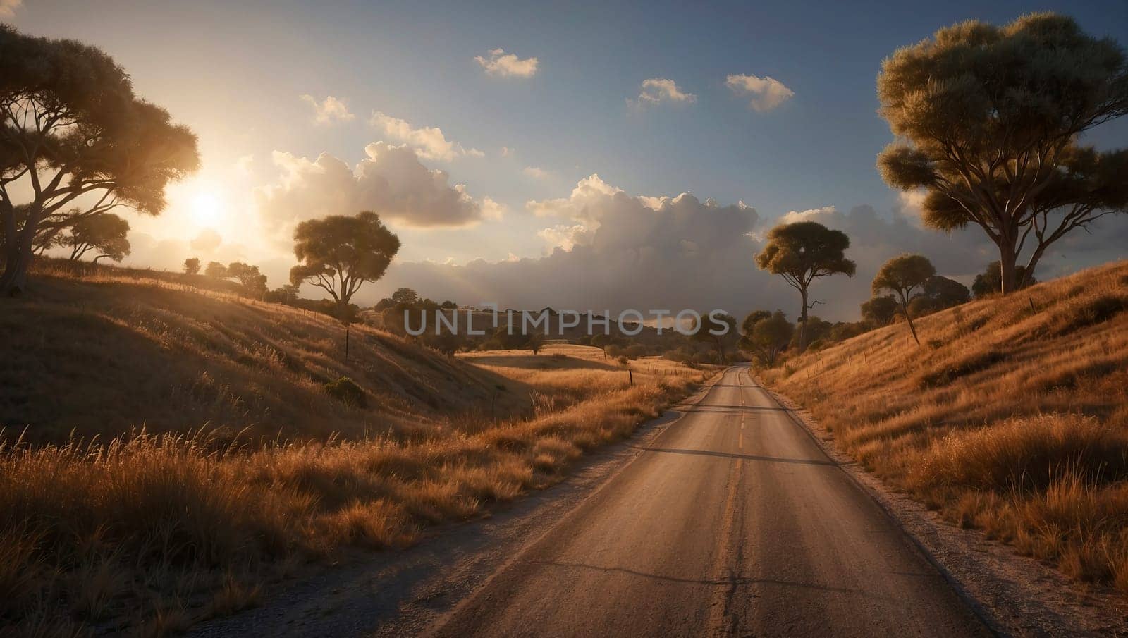 Road in nature at sunrise. AI generated