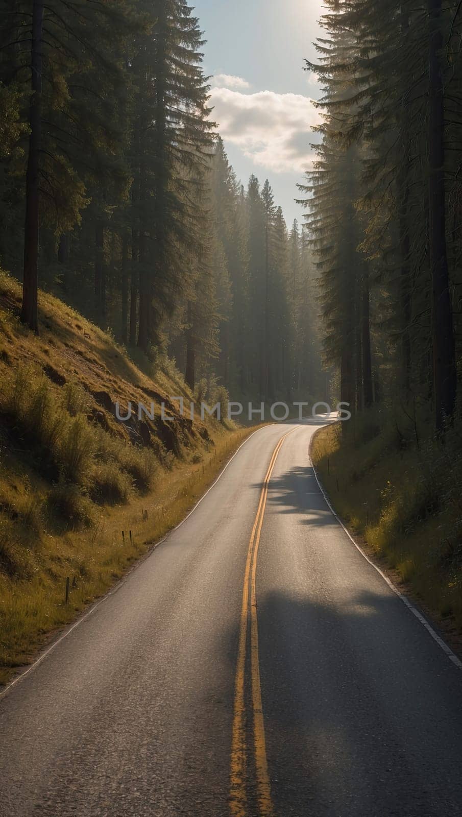 Road in nature at sunrise. AI generated