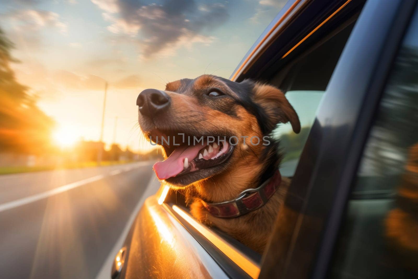 Dog enjoying car ride with head out of window during sunset. Pet travel and adventure concept. Joyful canine expression with copy space for design and prin