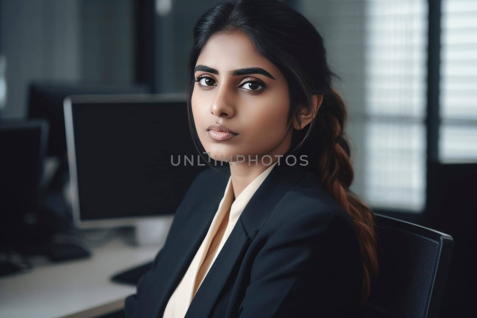 Professional young woman in a business suit, looking confident in a corporate environment.