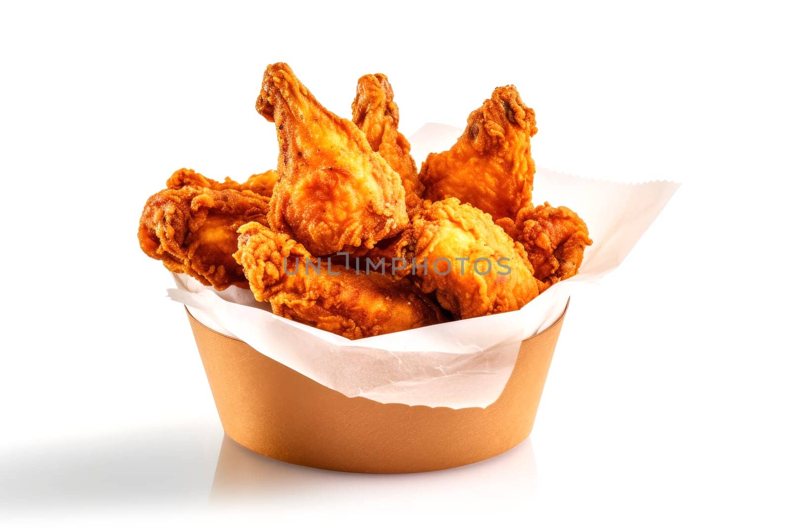 Fried chicken wings explosion from a white bowl. Fast food and snack concept isolated on white background. High-speed photography with copy space for design and print