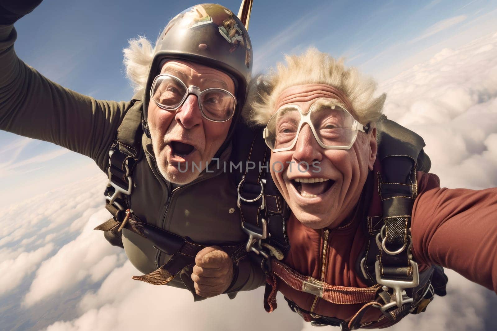 Elderly men skydiving adventure. Action photography with aerial view. Thrill and excitement concept. Adventure and leisure sport for design and print
