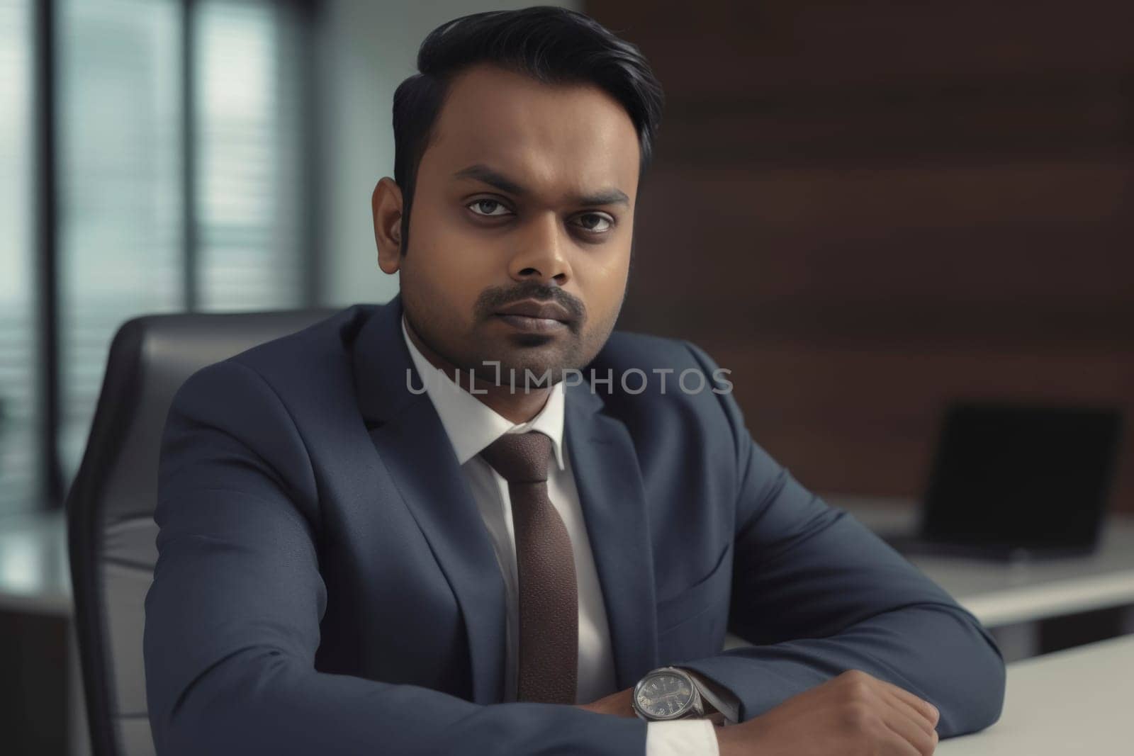Serious young businessman contemplating, wearing formal suit and glasses.