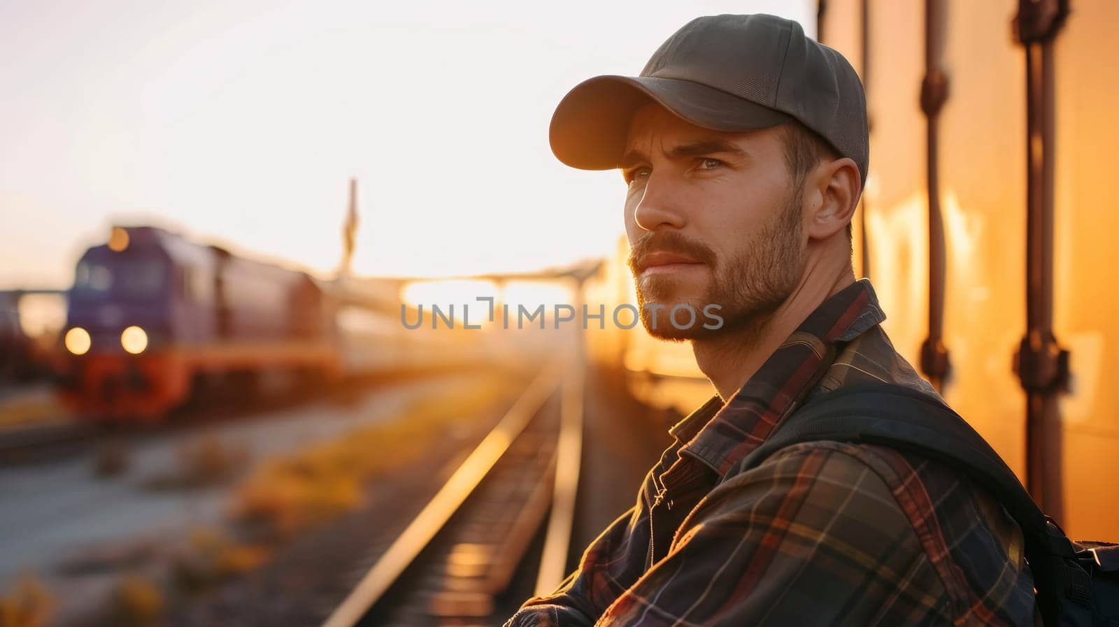 Man in jacket watching airplane at sunset in industrial port with cargo containers. Logistics and transportation concept. Warm sunset lighting for advertising and design with copy space