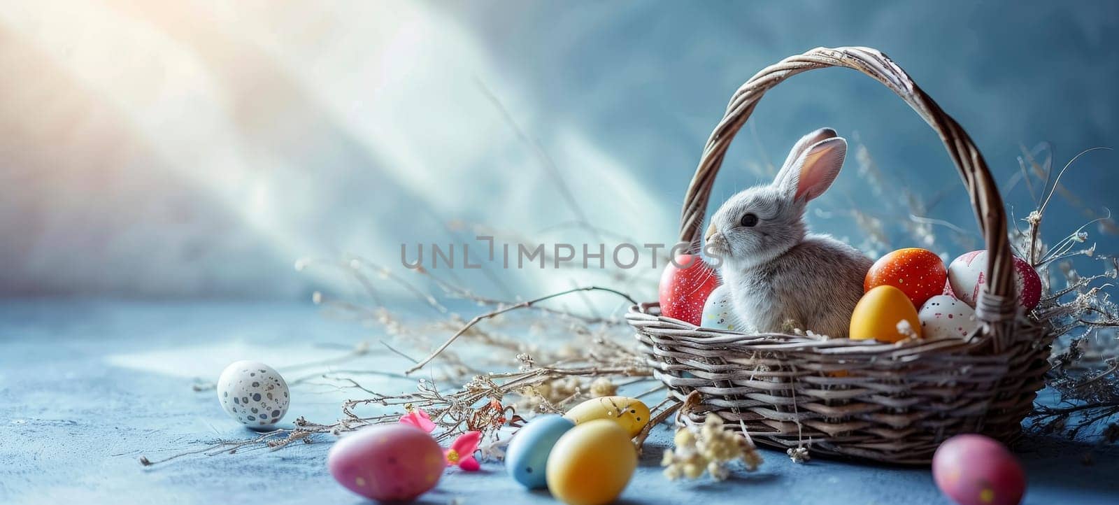 Easter composition with a bunny, decorated eggs, tulips, and bright sunlight on a blue background.