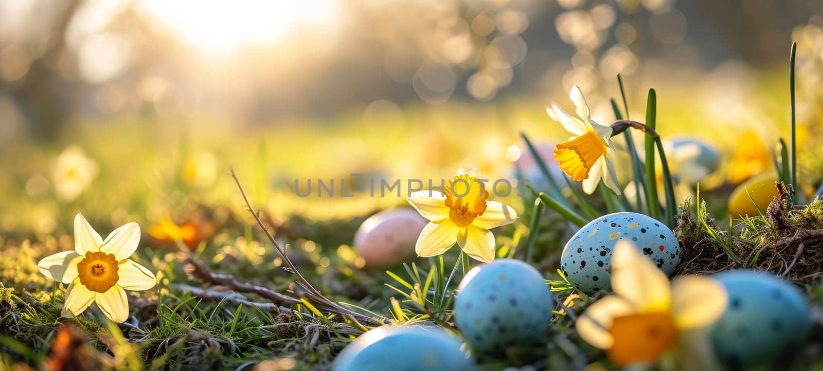 Colorful painted Easter eggs nestled among blooming daffodils in fresh spring grass, with soft sunlight filtering through.