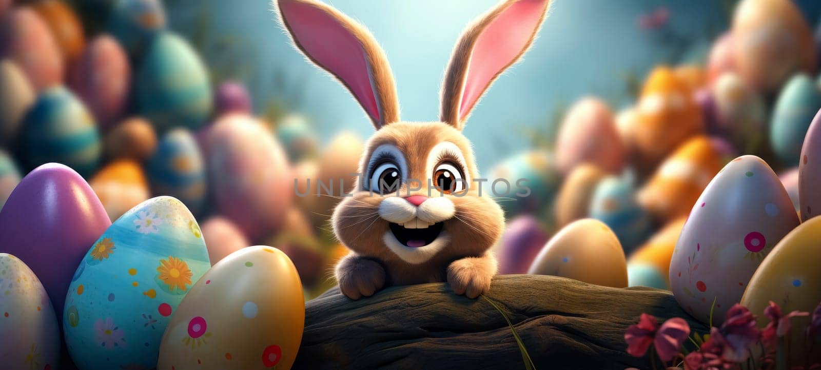 Animated rabbit peeking over log with colorful Easter eggs. Digital art illustration for Easter holiday and greeting card design