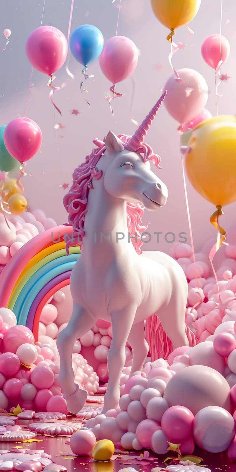Unicorn figurine with birthday cake and balloons. 3D digital art with pastel colors. Birthday party concept for design and print. Studio celebration scene with place for text.