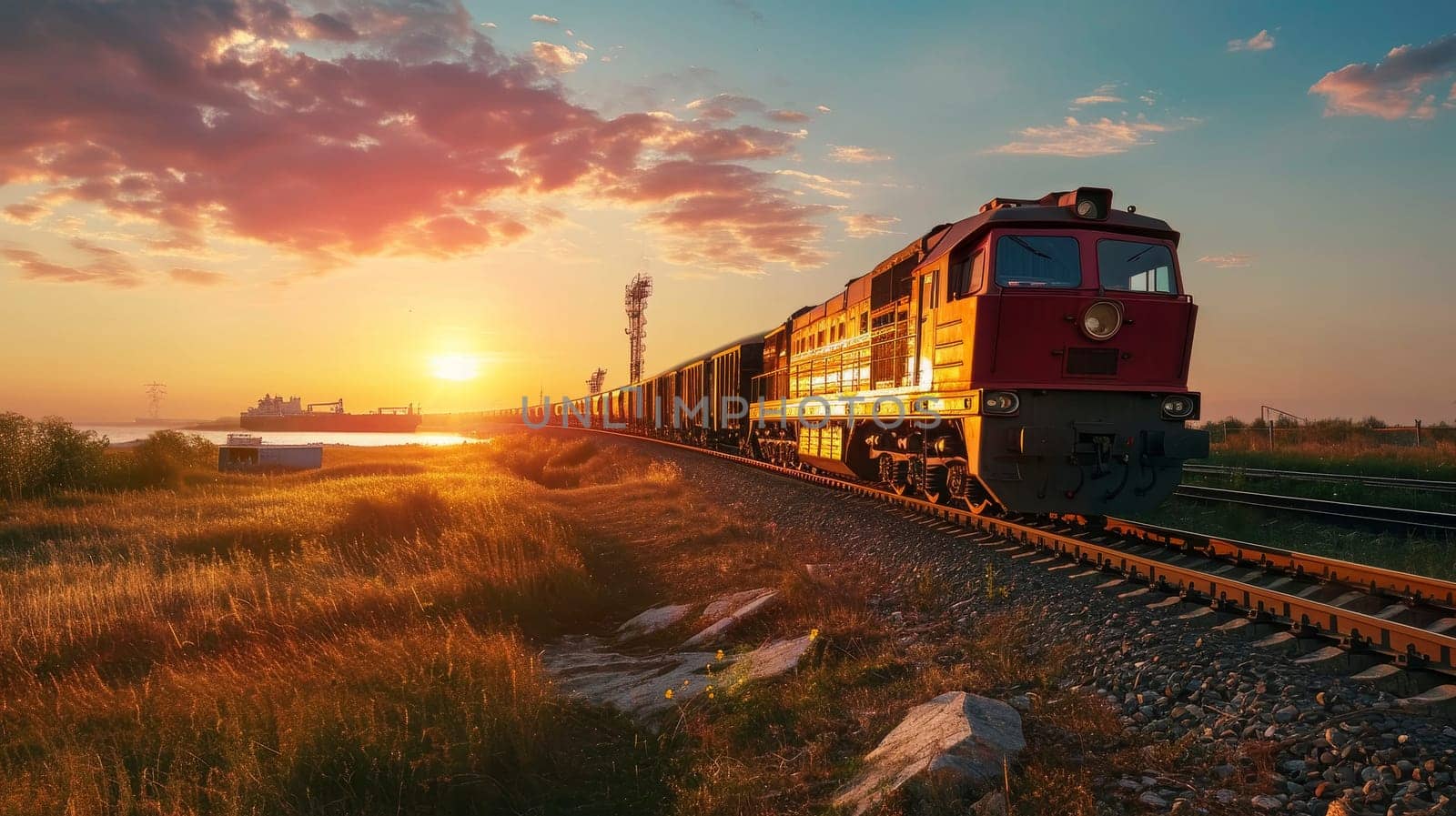 A vibrant sunset backdrop with a red freight train moving along railroad tracks.