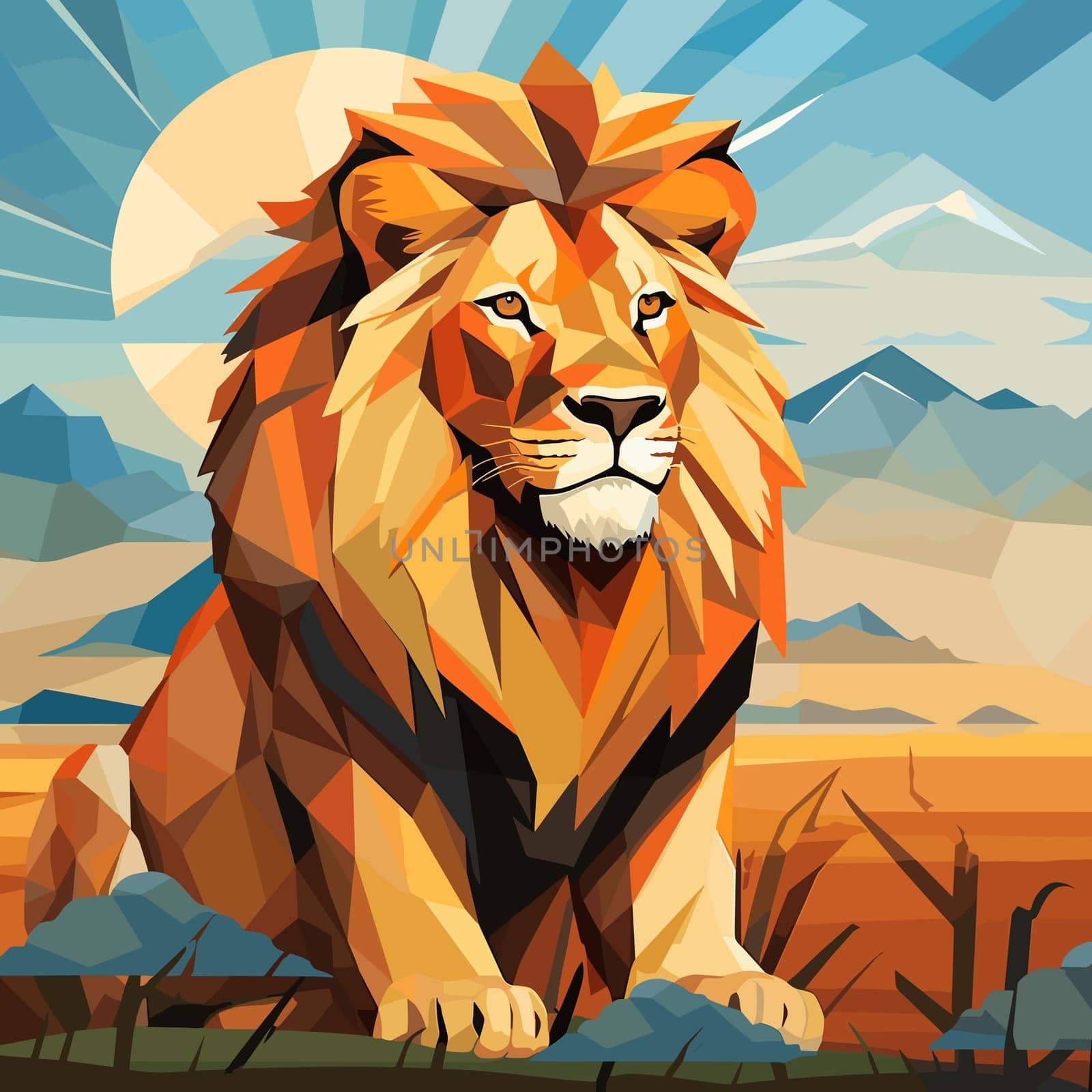 Lion King on nature background in vector mosaic pop art style by palinchak