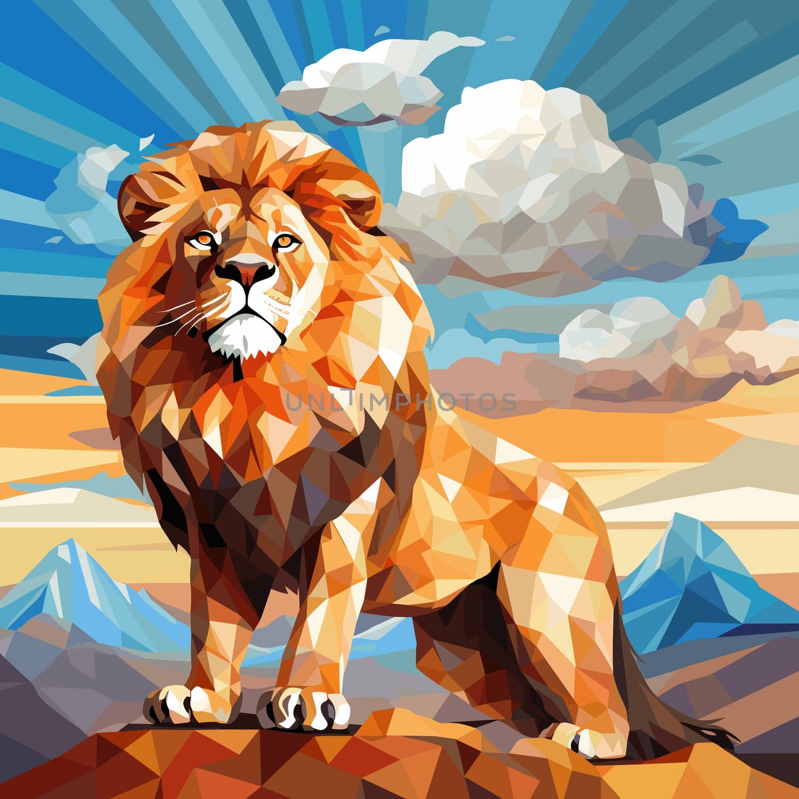 Lion King. Abstract portrait of a proud and majestic lion on nature background in vector mosaic pop art style. Template for t-shirt print, poster, sticker, etc. Design element