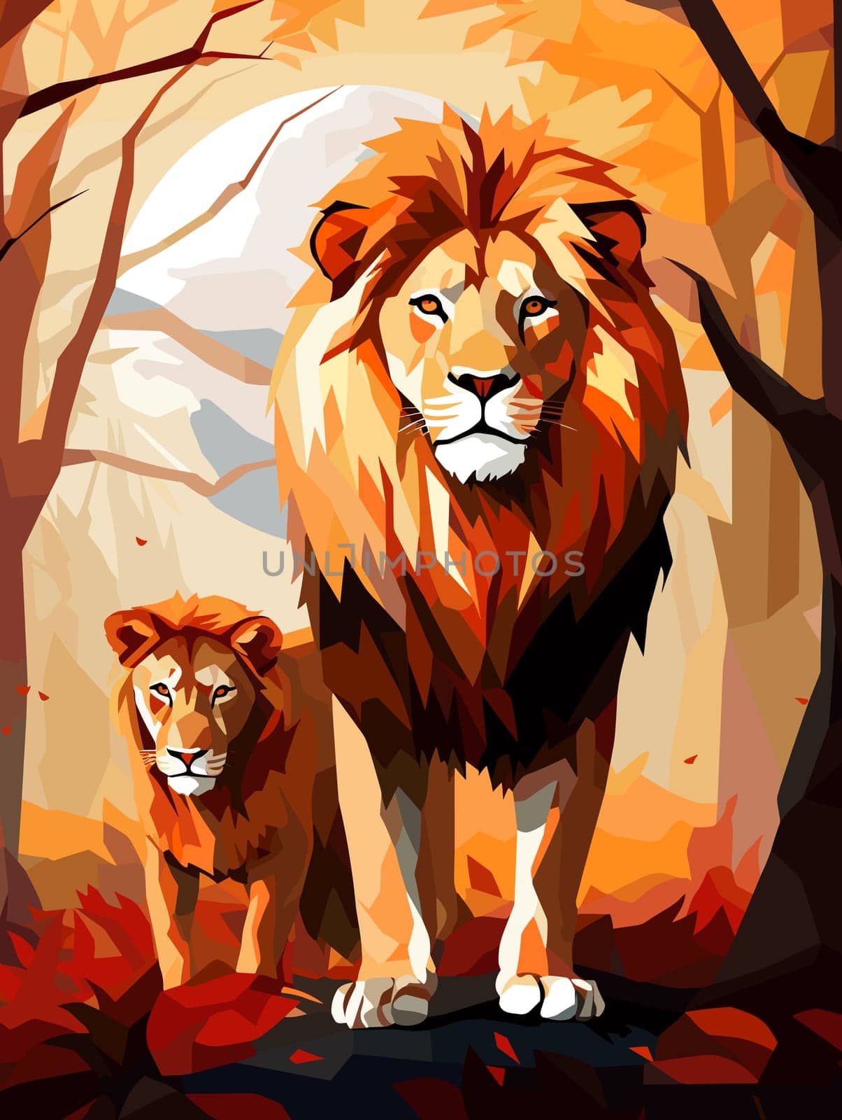 Lion King on nature background in vector mosaic pop art style by palinchak