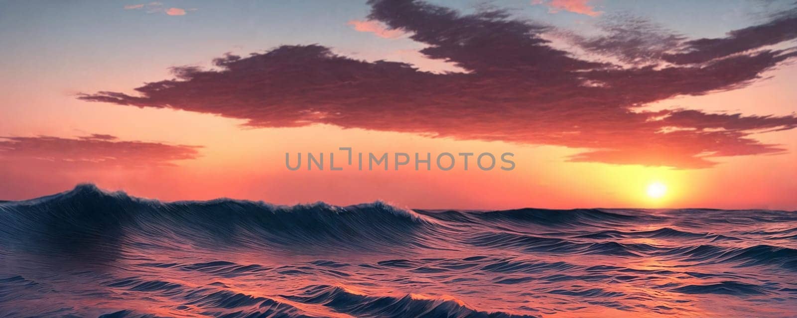 Sunset over the sea, waves on the foreground, panorama