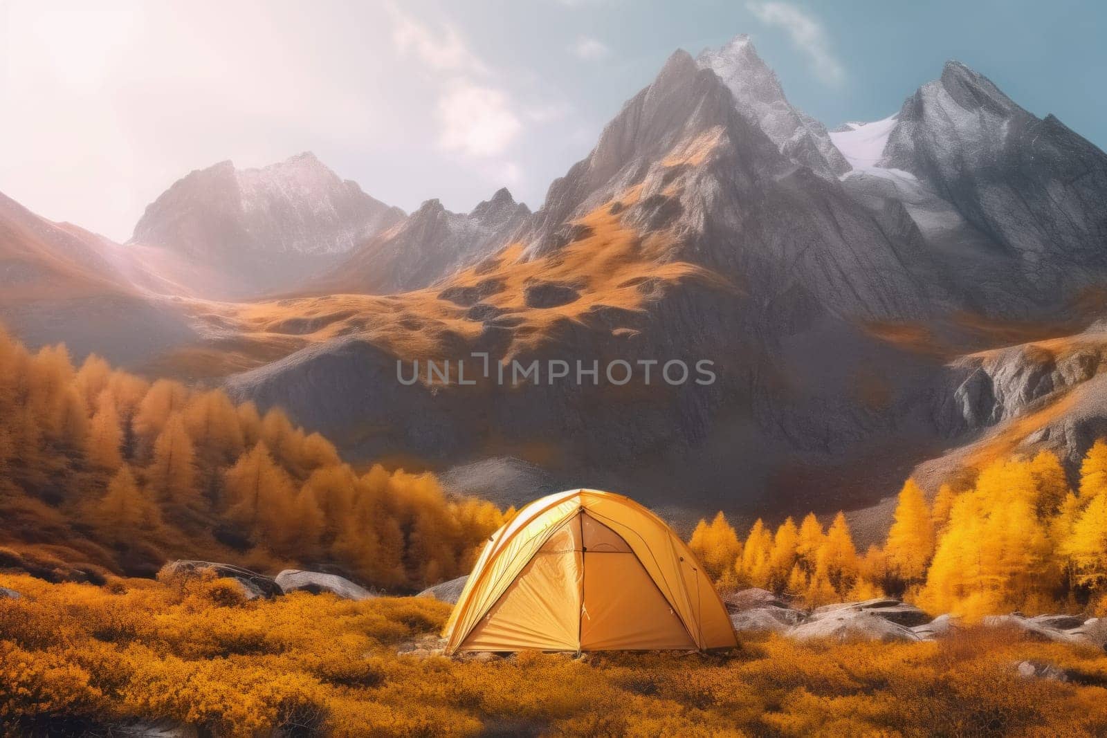 Tent camping at autumn camp. Nature camp. Generate Ai