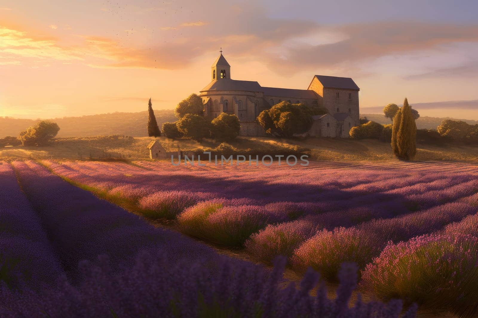 Lavender field at sunset. Nature sky. Generate Ai