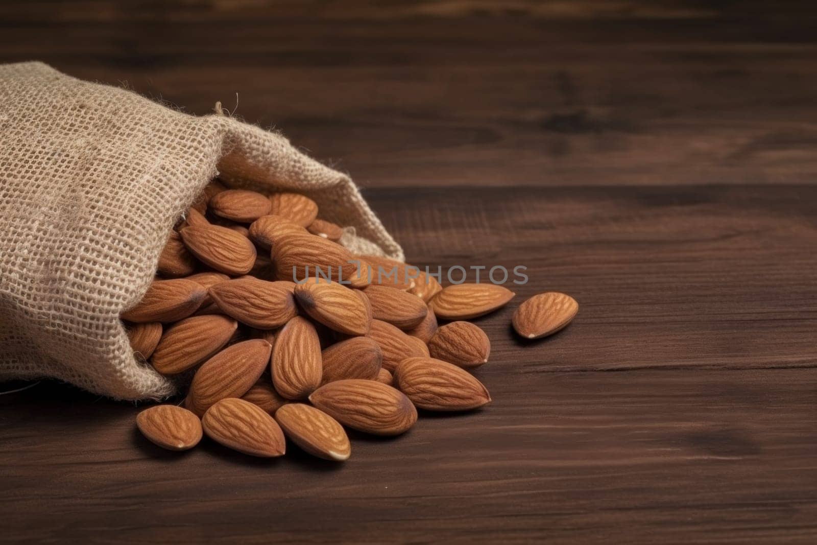Almond sack snack. Raw seed. Generate Ai
