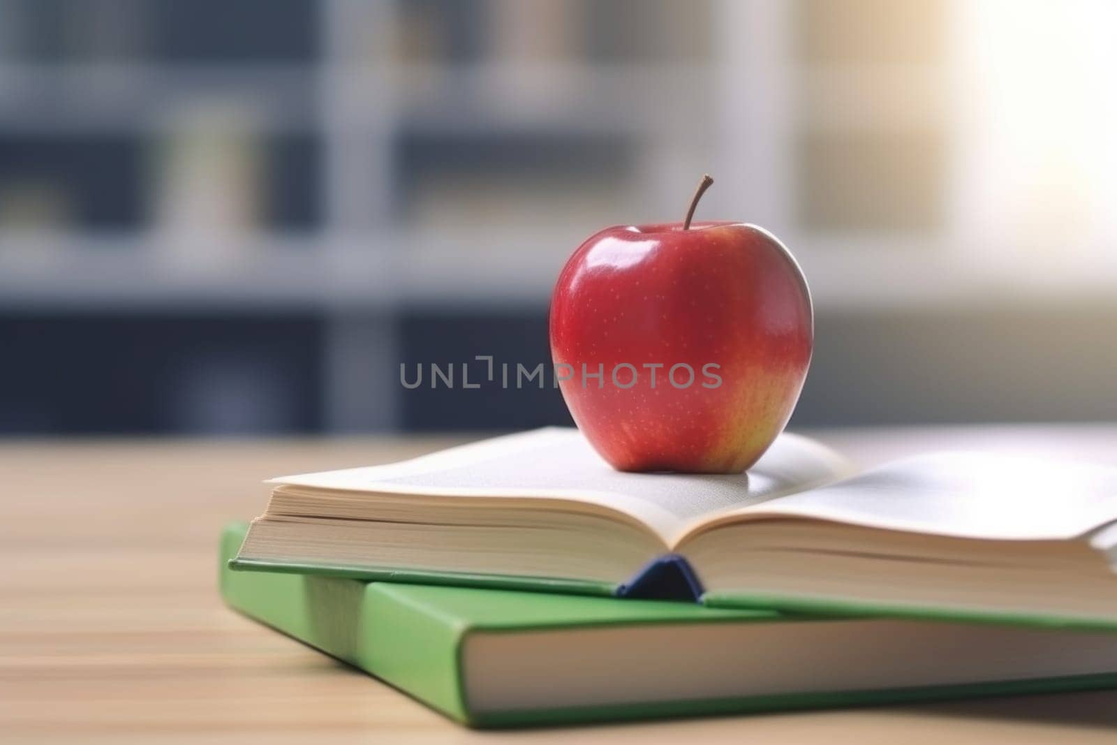 Red apple on opeb book. Study teacher. Generate Ai