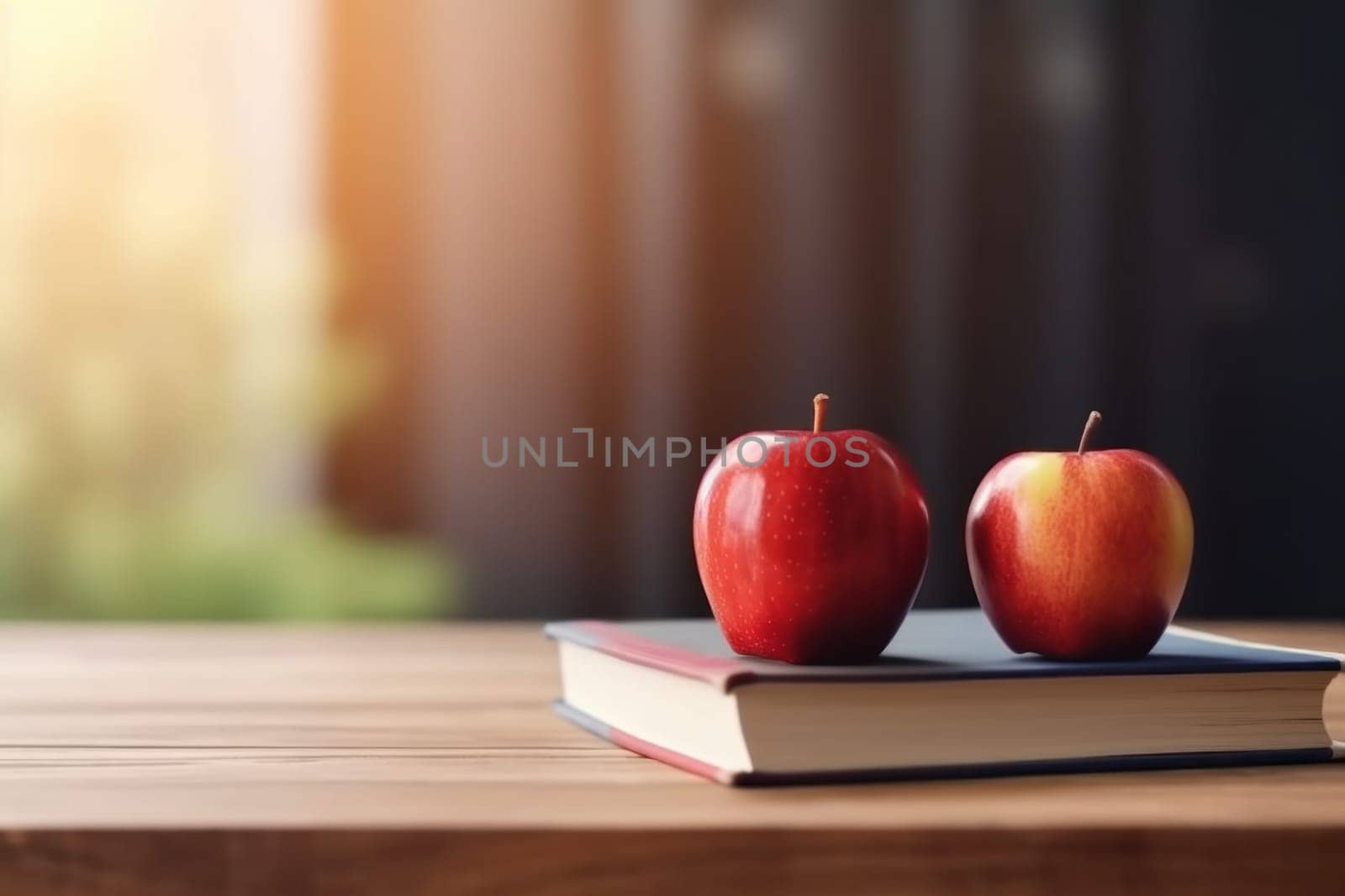 Two red apples on book. Creative fruit stack. Generate Ai