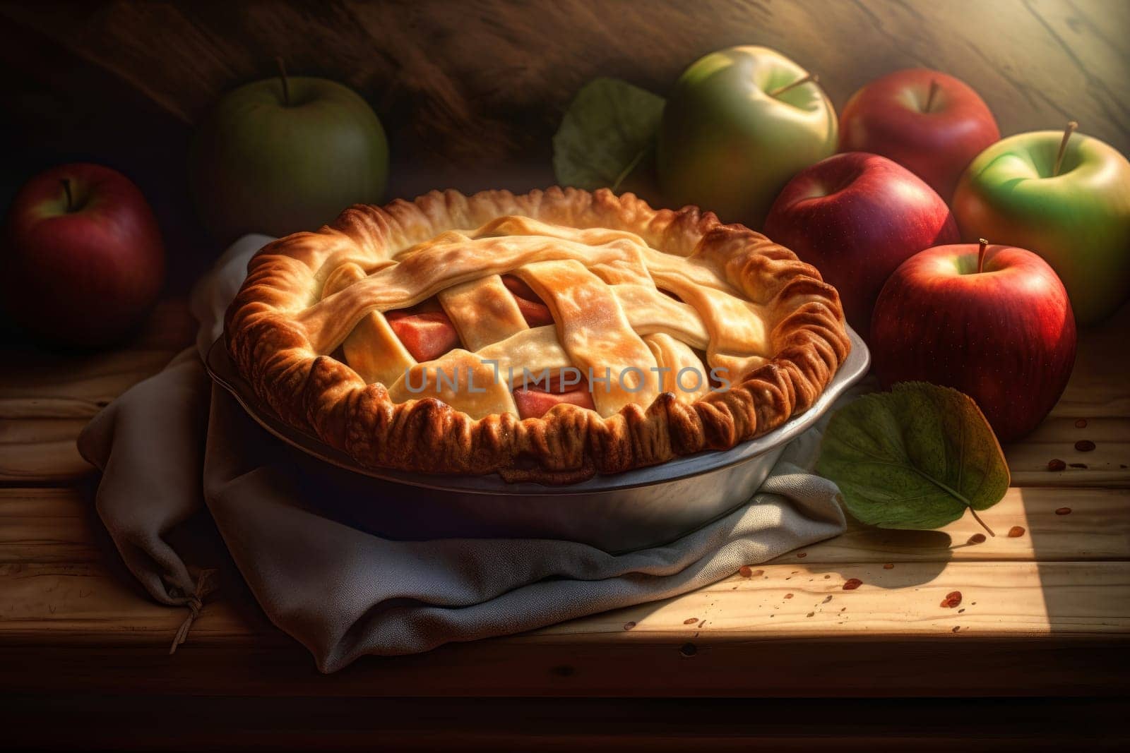 Apple pie near fruits. Sweet fall. Generate Ai