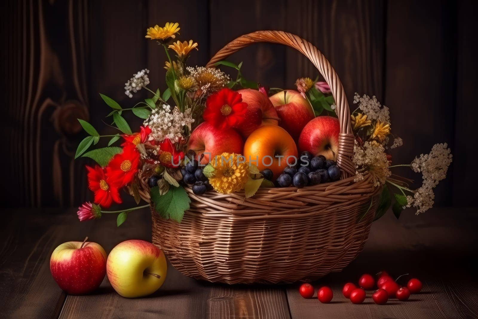 Apple with flowers in basket. Sweet food. Generate Ai