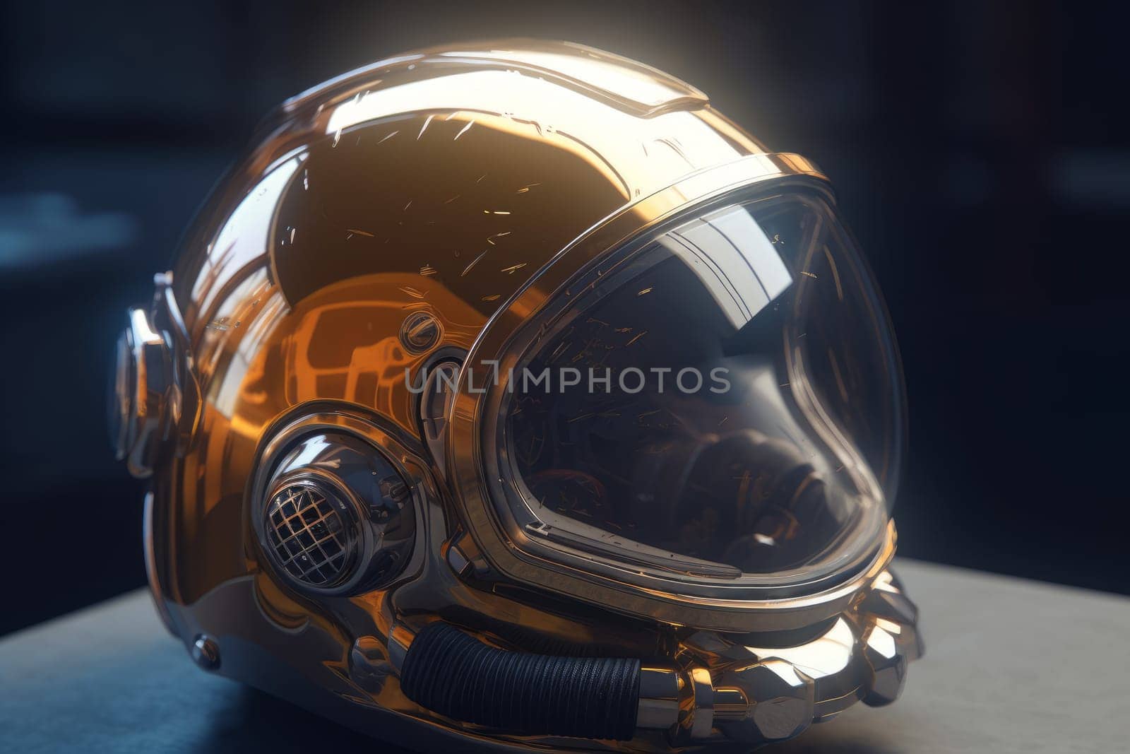 Astronaut helmet with glossy glass. Science adventure. Generate Ai
