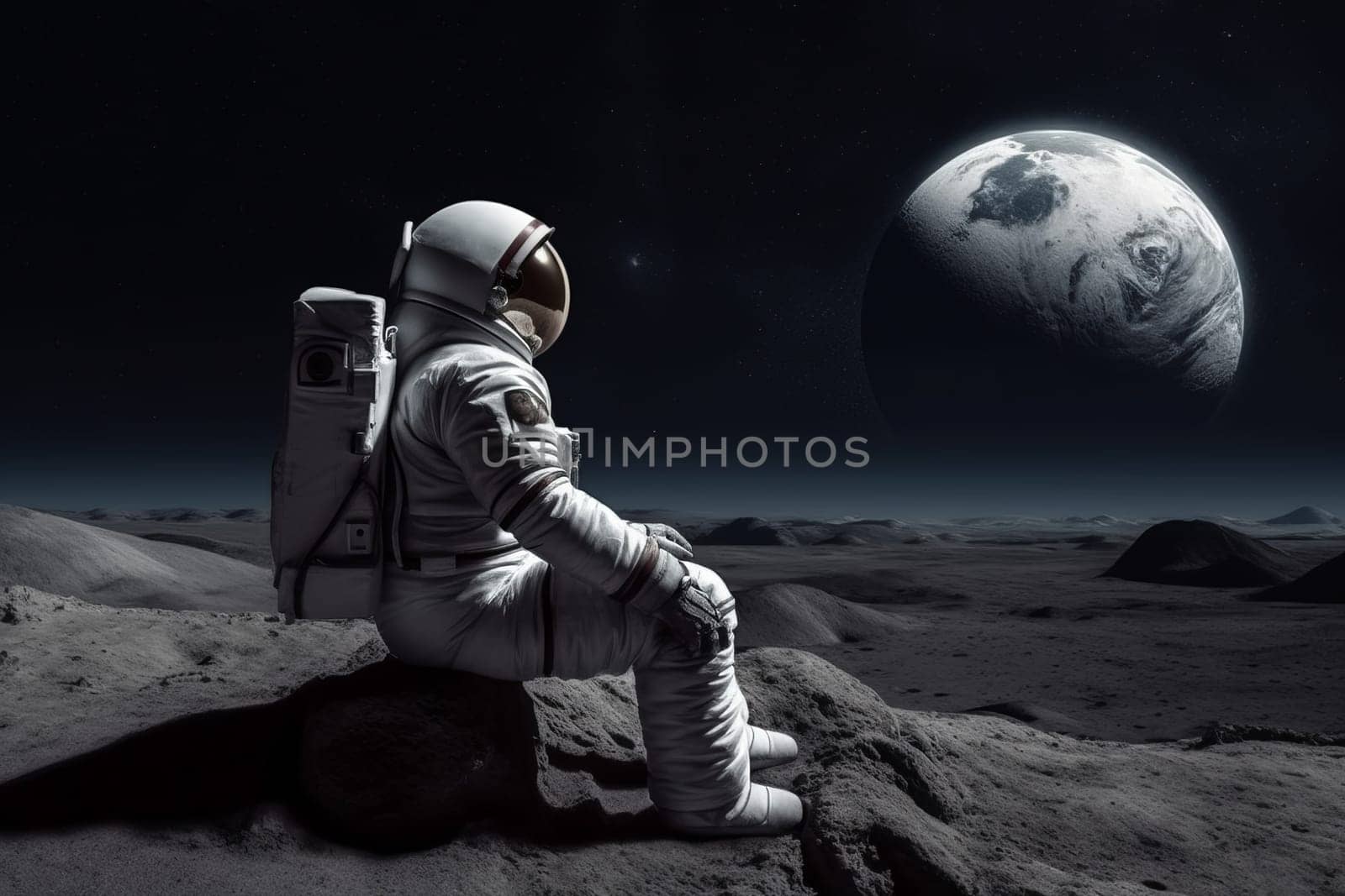 Astronaut sitting on planet. Universe science. Generate Ai