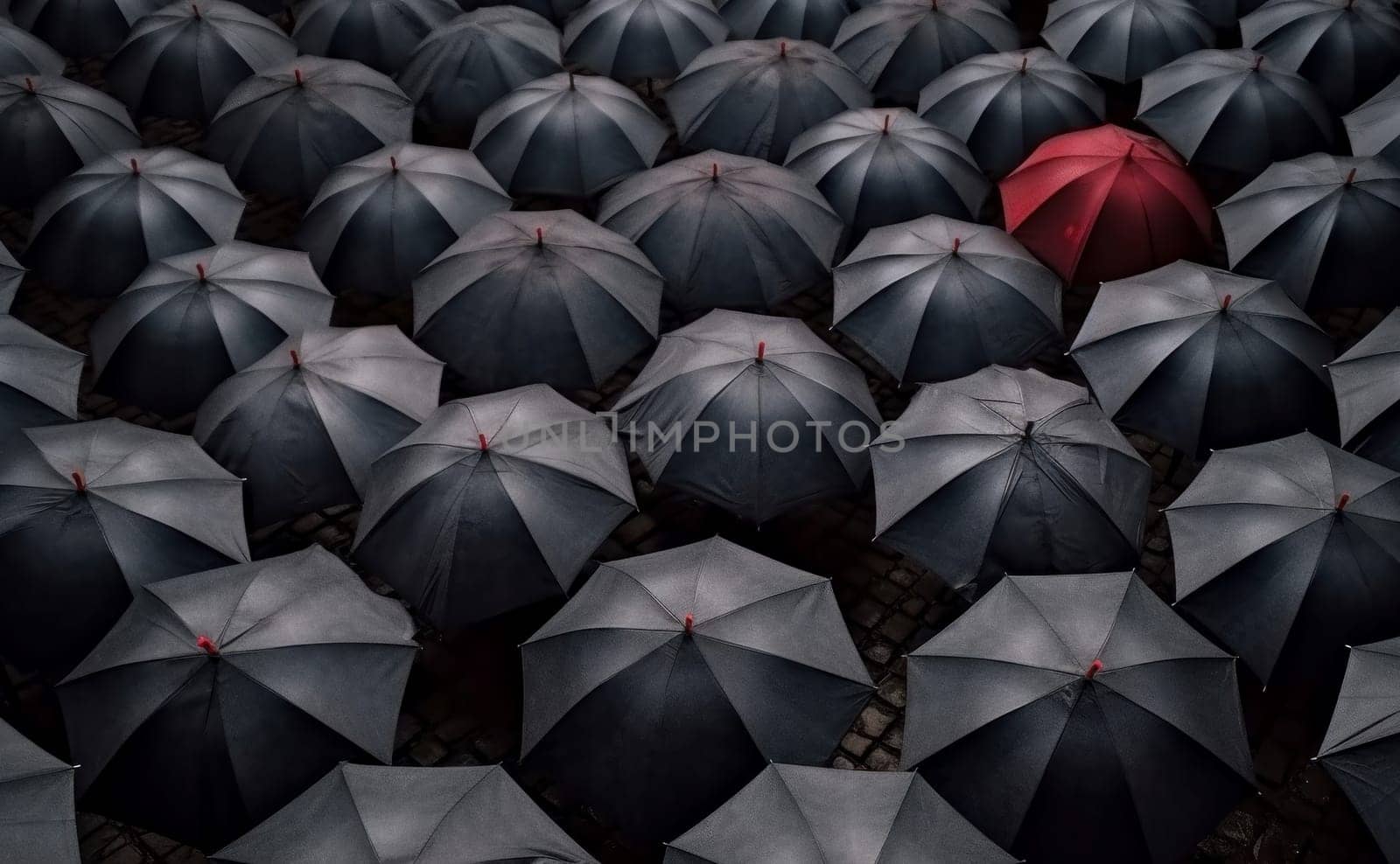 Black umbrellas with red one. Rain stand. Generate Ai