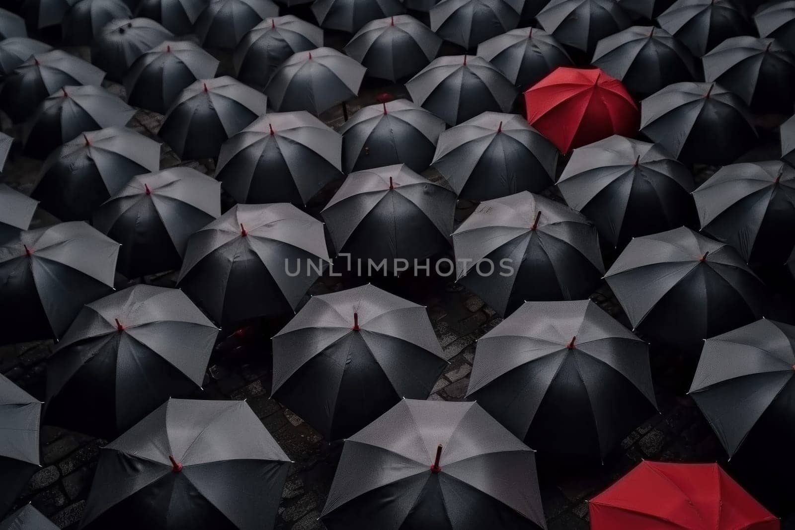 Black umbrellas with two red. Rain idea group. Generate Ai