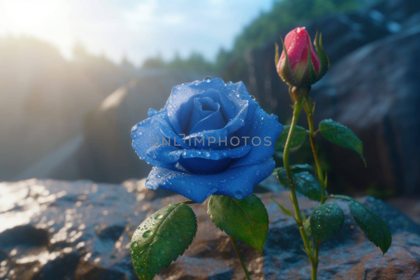 Blue rose after rain. Generate Ai by ylivdesign