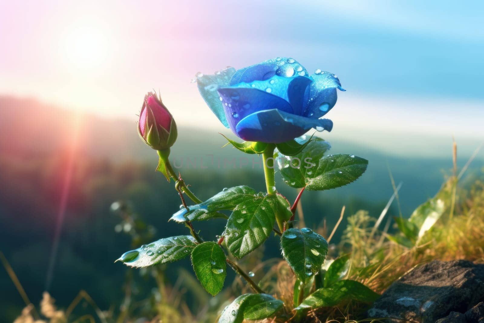 Blue rose in sun light. Romance decoration. Generate Ai