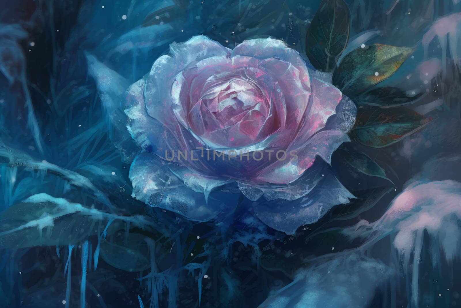 Blue rose in ice. Winter flower. Generate Ai