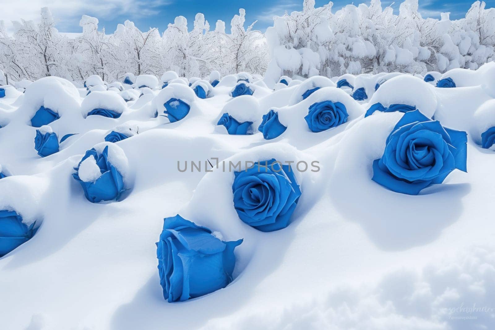 Blue rose field in snow. Petal plant. Generate Ai