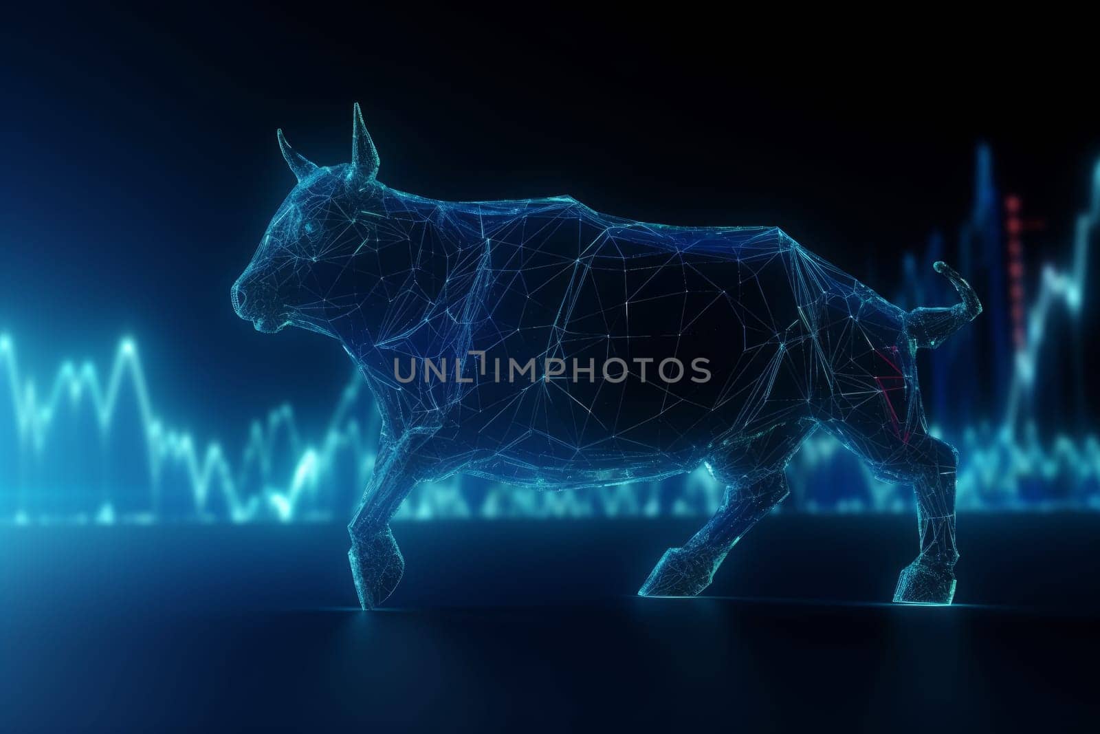 Blue shiny charging bull. Space star. Generate Ai