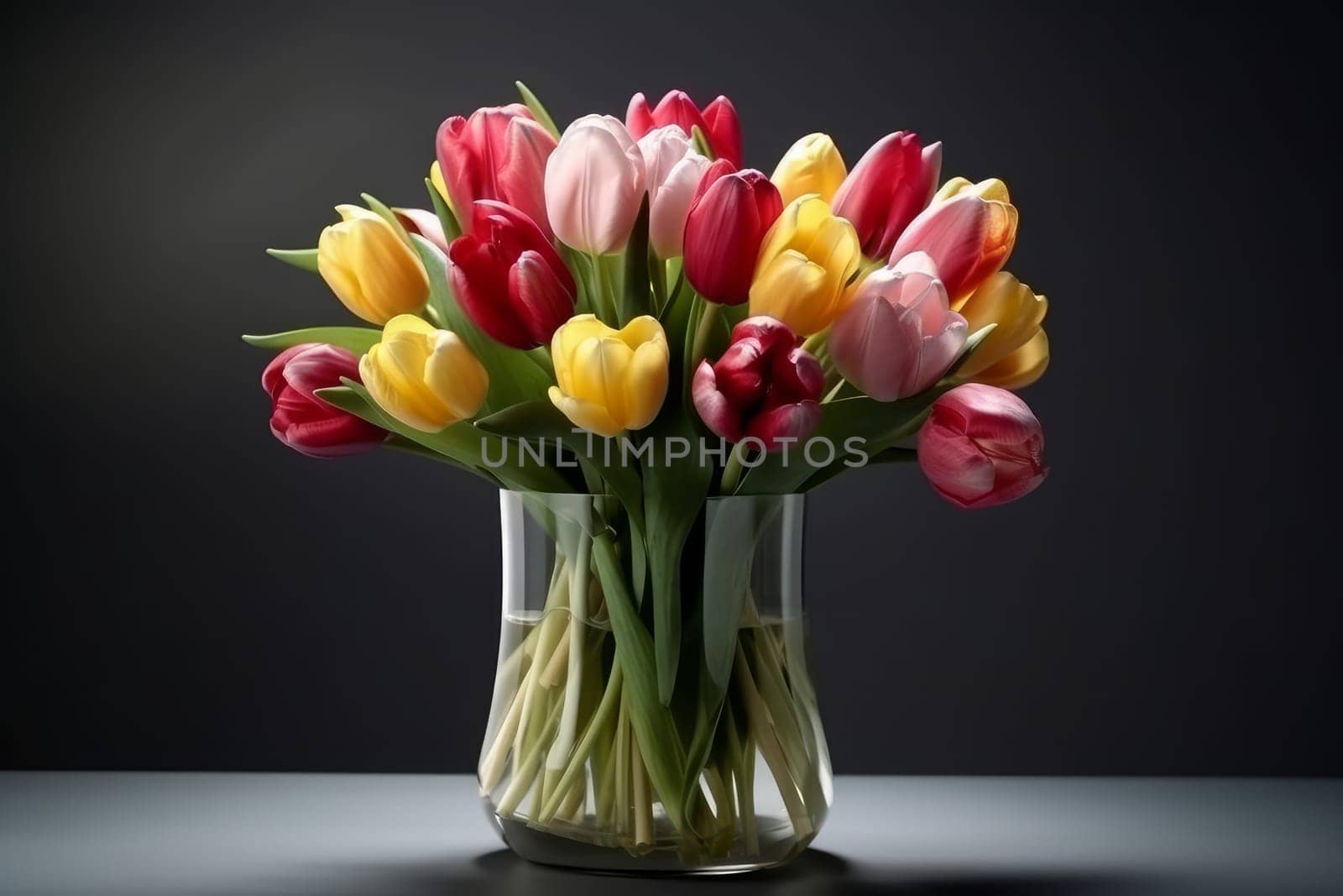Tulip bouquet in glass vase. Generate Ai by ylivdesign